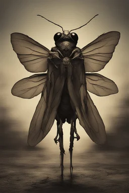 a haunting image of a humanlike insect facing away from us, in despair and pai, with wings that are broken torn and crumbling