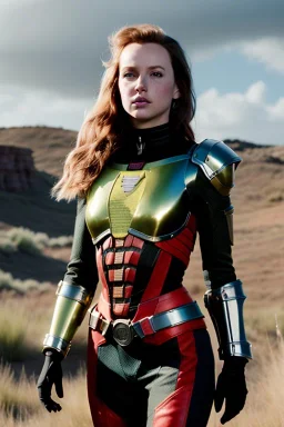 piper perri, ultrarealistic, dynamic, concept art, strikingly beautiful (18 year old girl:1.2),_skimpy lost in space armor_, Hair (long ginger:1.1), Face (freckles:1.2), body, medium breasts (heavy cleavage:1.2), tracing, ambient light, highres, (hyperrealistic:1.2), (perfect face:1.1), intricate (high detail:1.1) body, beautiful detailed eyes (emerald:1.3), _camera_, _pose_, plump lips ,sci-fi theme, Model hash: ddc3021b