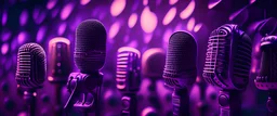 an array of a huge old school microphones, purple tones, dreamy, psychedelic, 4k, sharp focus