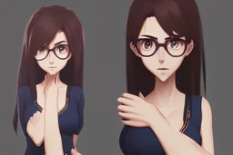 full body of a brown haired anime manga pregnant girl in dark blue dress with eyeglasses