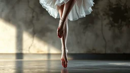a bizarre surreal image where a dancer's legs there are bloody wounds on both foot and toes, her dress completely drenched in sweat, she standing on tiptoe in a perfect dance pose, around her a fade gray vortex, capturing grasping the difficulty of dance, self-sacrifice, striving for perfection the impressive pose achieved through hard work, the beauty of dance, vertical light on the dancer, blur background is a cracked wall with half darkness and half shiny light, on wall, detalied
