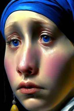 Girl with a Pearl Earring, crying eyes, tears, turning her head, intricate and highly detailed illustration by Jeremy Mann, Alex Maleev, Pino Daeni and Liz Gael, a masterpiece, trending on artstation, dramatic, rough texture, sharp focus, highly detailed intricate, vibrant triadic colours. Photo-realism HDR portrait, flawless eyes, “by Artgerm, Pixar, WLOP”, tertiary Color, splatter, drip, Intricate, 8k resolution concept art, Beautiful Composition, natural lighting, perfect proportions