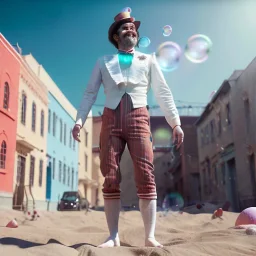 Ultra realistic circus scene. dancer man, waist up view, Wes Anderson style, happy, bubbles, confeti, highly detailed, concept art, unreal engine 5, god rays, ray tracing, RTX, lumen lighting, ultra detail, volumetric lighting, 3d, finely drawn, high definition, high resolution.