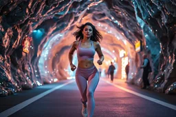 a under ground modern city in a crystal cave covered with jewells and CIFI jewell lights , a beautiful fashion model lady with cute,curvy hair,makeup, in pretty sports suit is running in street ,dynamic camera fallow her inside cave capturing full body, dynamic lights.