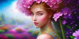 bright fairy, beautiful portrait, flowery landscape