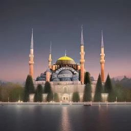 Sultanahmet Istanbul standing back to back under sky, landscape lake, sunset, illustration concept art anime