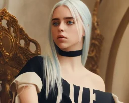 Billie Eilish, sitting on a chair, Black Short Dress, high detail, realistic, 8k