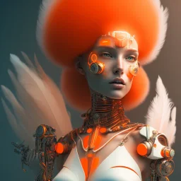 A beautiful portrait of a cute cyborg woman orange color scheme, high key lighting, volumetric light high details with white stripes and feathers and indian paterns and wimgs