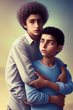 one 50 year old man embraces a single, beautiful 12 year old arabic boy with long, curly hair and light blue eyes, not muscular, smiling,