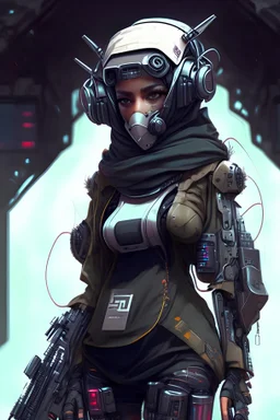 a cyber punk female hijaber robot, headphone, full body Raw, weapon, 8k, Soldier indonesia