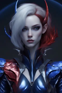 pale skin, model figure, realistic, female, beautiful, young, blue edgy bob hair, front view, intricate blue leather armor with white streaks, blue expensive pants, standing, blue armored shoulder plating, two horn, detailed part, red eyes, full moon on background, devil wings, midnight, full body shot, looking at viewer, detailed eyes