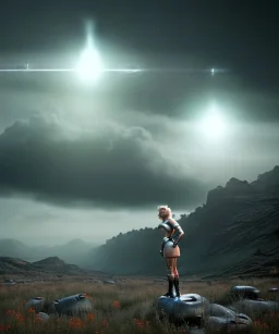 Ultra Realistic retro sci-fi 1960 scene, waist up view portrait, blonde woman, sweet young Marilyn Monroe face, perfect iris, tight latex coat, alien planet background, tight style, steel sphere dron levitating, fog, rain, soft color, highly detailed, unreal engine 5, ray tracing, RTX, lumen lighting, ultra detail, volumetric lighting, 3d, finely drawn, high definition, high resolution.