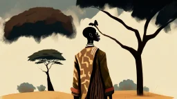 Design, African man, oil painting, featureless, graphic, drawing without facial features, background, sky, trees, traditional clothes, cartoon, looking left