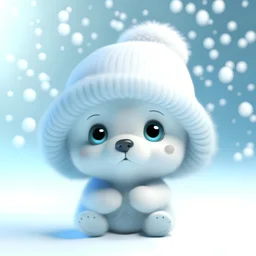 snowing winter, super cute baby pixar style white fairy bear, shiny snow-white fluffy, big bright eyes, wearing a woolly cyan hat, delicate and fine, high detailed, bright color, natural light, simple background, octane render, ultra wide angle, 8K. white background