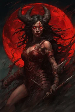 A dramatic digital painting portraying a warrior-girl and horror monster under the Red Moon, veins pulsing, claws of temptation visible, soul in turmoil. , vivid colors, swirling brushstrokes, highly detailed, 8k resolution, surrealistic., juicy emotions, painting, gloomy fantasy, gloomy day, dark world, portrait, oil and graphite, wide strokes, a weaving frame around, by Ryohei Hase, Agnes Cecile, Raymond Swanland, Anne Bachelier