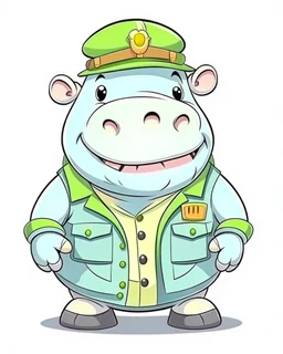 baby hippo as tourist guide wearing tourist guide uniform, cartoon style, safari background, colorful, high quality, high details