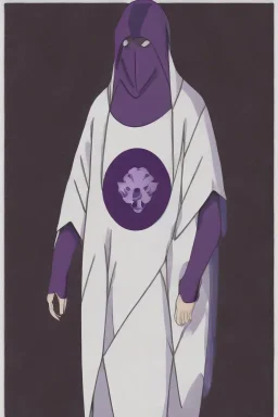 Hooded man in white skull mask wearing dark black and purple coloristic coat