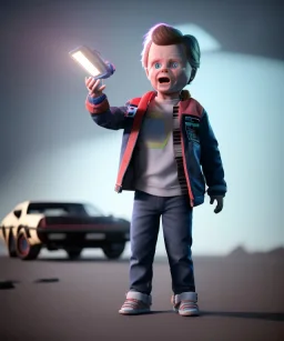 Marty mcfly toddler, Emmet brown toddler, full body, delorean, dramatic lighting, hyper realistic