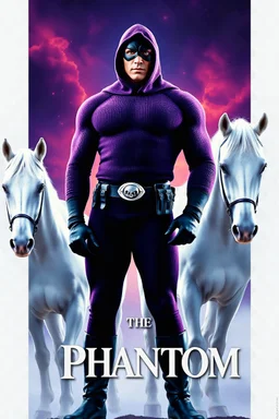 Movie Poster - ((("THE PHANTOM"))), extremely thick, muscular, 6'6'' 18-year-old Billy Zane with extremely exaggerated muscles as the Phantom, long-sleeved, textured, padded purple cotton bodysuit with skintight, formfitting textured purple cotton cowl with ((black eye mask)) and widow peak, black gloves and wrist gauntlets, black boots, double holstered utility belt, skull-shaped belt buckle, glowing, white eyes, standing next to his white horses, captured in a breath-taking explosion of color,