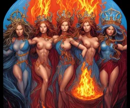 Four doll divine representing each one the four elements: fire, earth, air, and water. Mark Brooks and Dan Mumford, comic book art, perfect, smooth elemental galactic space core royalty queens crown.