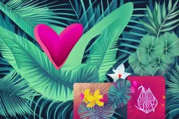 love, high contrast, Tropical flowers,heart drawing, crystals, tropical leaves, sacred altar, Fantasy temple,