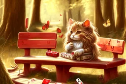 a contented long-haired cute beige kitten with big headphones on its head sits on a red bench in the woods, musical notes emanating dynamically from the headphones, mice sitting in front of the bench playing cards in the sunshine