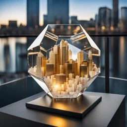 crystal Dodecahedron with golden sphers inside, which reflects the modern city environment in modern city escape , transforms into array of crystal cubes.