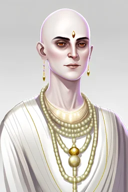 full length, gangly, 22-year old, shaved head, grey-eyed female human cleric with a beaded necklace