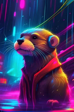 an otter wearing on-ear heaphones watching the sky in the city at night while it's raining, colors used are neon pink, yellow and red tones, global illumination