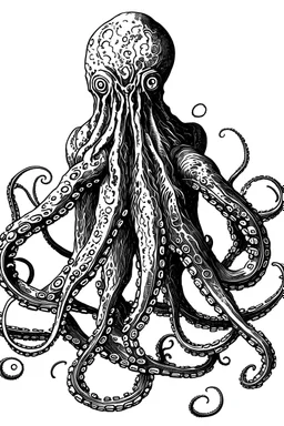 surrealist pen-drawn etch of a Lovecraftian hybrid octopus-humanoid creature, with a long, lanky body. black and white, humanoid. bipedal, limbs look like tentacles, tentacles
