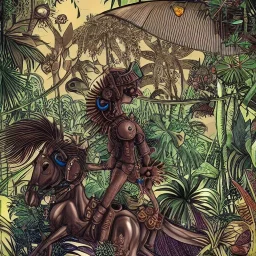 steampunk only one horse, tropical plants and flowers, in style of Eric Fan , Asaf Hanuka