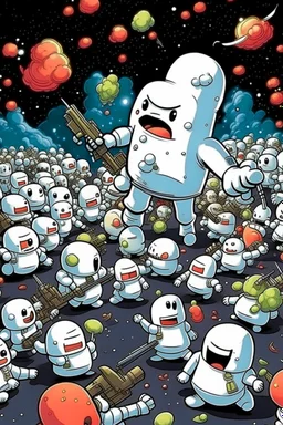 army of marshmallows living angry and armed in a fight with living tomatoes in space with stars around