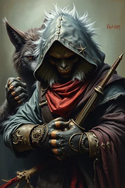 master oil painting with some air brush, fluffy human thief ninja hyena merchant sailor priest realistic and creepy, with gauntlets , straight from the lich lab, in the style of Escher and Titian
