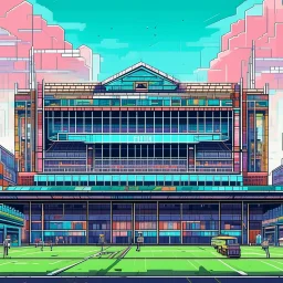 A bright pixel art cyberpunk-style illustration of the fulham stadium the cottagers west london