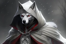 Anthropomorphic, silvery-white wolf with an elongated snout, gray mask-like markings on his face, sharp teeth, and glaring sinister red eyes. He wears a black cloak with a built-in hood, and brown trousers under the cloak. He also has brownish-gray wraps around his wrists and calves, and carries a pair of razor-sharp sickles in 8k solo leveling shadow artstyle, machine them, close picture,