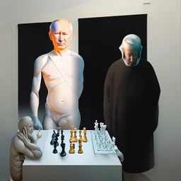 Putin, President Xi Of China And Joe Biden Play Chess With A Pigeon,Ufo And Atomic Bomb Mushroom Cloud,Complex Surgical Instruments Intermixed With A Newborn Boy,Minimalism,Painting By Adrian Ghenie,Rene Magritte,Pablo Picasso,Michelangelo,Salvador Dali,Lucian Freud