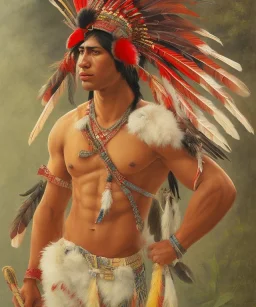 Guaicaipuro, native american god, 30 years old, Muscular warrior, red feathers headdress, shirtless, angry look, spear