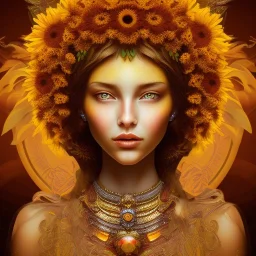 sunflower marigold goddess, beautiful face, dress, brown hair