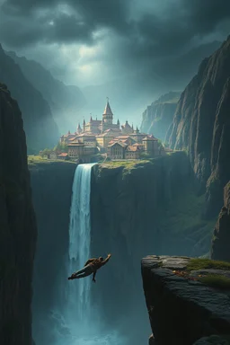 a waterfall falling upon a medieval city at the end of a steep, narrow, 3.000 feet tall ravine. a man laying down on a cliff holding his hand friend try to save him from falling on a cliff masterpiece, fantasy concept art, dynamic lighting, hyperdetailed, intricately detailed, deep color, Unreal Engine, volumetric lighting, Epic cinematic brilliant stunning intricate meticulously detailed dramatic atmospheric maximalist digital matte painting