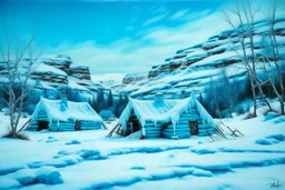 A cyan freezing snowfield with a cozy cabin designed in Navajo baskets painted by Alan Sorrell