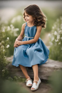 Little 8 years old girl wearing a dress, blue dress,