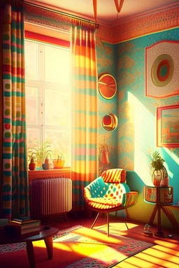 A vintage room embodying the essence of the 1970s, complete with (((retro furniture))), colorful patterns, and (sunny afternoon light streaming through open windows)