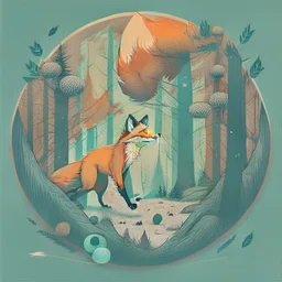 Perfect round ball fox playing inside a forest, 2d flat illustration style, mono, 6 colors max