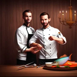 up close portrait of handsome man and another chef in front dark wooden wall, fish, shiny fork and knifes on dinner table with cloth, fantasy art book cover