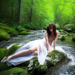 a beautiful woman in a sheer dress laying down by a creek in a fantasy forest