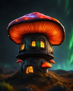 An illogical floating mushroom house on a clear moonless night. . Bright Bold Bright Colors, orange yellow green black, Starry Dark cosmic interstellar. Detailed Matte Painting, deep color, fantastical, intricate detail, splash screen, hyperdetailed, insane depth, concept art, 8k resolution, trending on Artstation, Unreal Engine 5, color depth, backlit, splash art, dramatic, High Quality Whimsical Fun Imaginative Bubbly, perfect composition