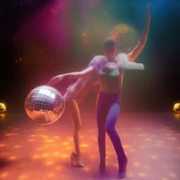 one hit, disco ,fog ,happy dancer on the dancefloor, spotlights, mirror ball