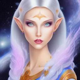 cosmic mage, elf, female, cosmic magic, long ears, white hair, face details, pale skin, jewellery, broad shoulders, sharp ears, cosmic clothes, cosmic eyes, ears shown, the cosmos in eyes, shining eyes, thin face, detailed ears, magical eyes, closed mouth, make up, smiling face, happy face, pointy ears