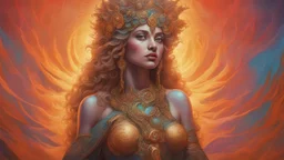 The beautiful goddess of intens love. concept art, mid shot, intricately detailed, color depth, dramatic, 2/3 face angle, side light, colorful background. Painted by Gerald Bloom