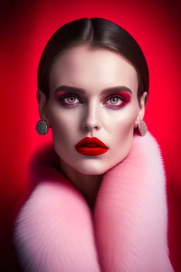 Minimalistic portrait of a beautiful woman with red lips and cold big eyes wearing earrings, a light pink fur coat in a haute couture style isolated on a dark background, cinematic lighting, ultra-realistic, shot in the style of hasselblad